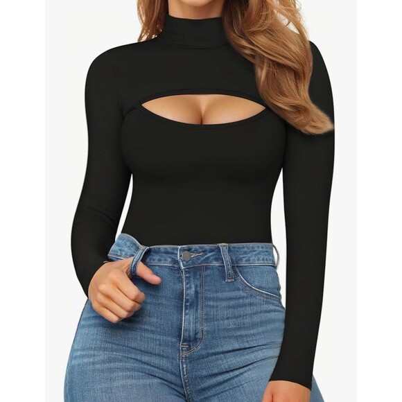 MANGOPOP Mock Neck Cutout Front Top Long Sleeve Large Black - Picture 2 of 4